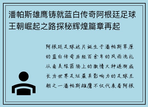 潘帕斯雄鹰铸就蓝白传奇阿根廷足球王朝崛起之路探秘辉煌篇章再起 潘帕斯雄鹰铸就蓝白传奇阿根廷足球王朝崛起之路探秘辉煌篇章再起